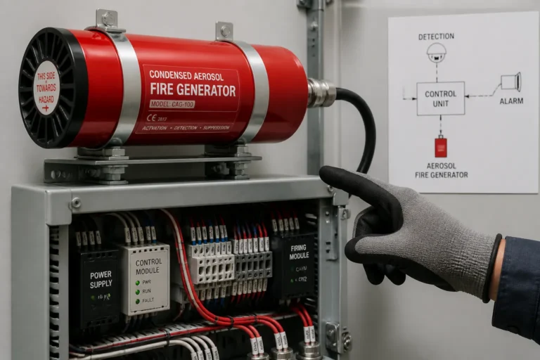 technician pointing at a compact red aerosol fire generator above technical equipment in a clean control room