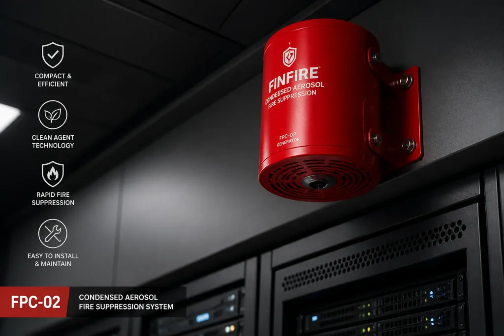 compact red condensed aerosol fire generator highlighted above organized technical equipment in a clean industrial room