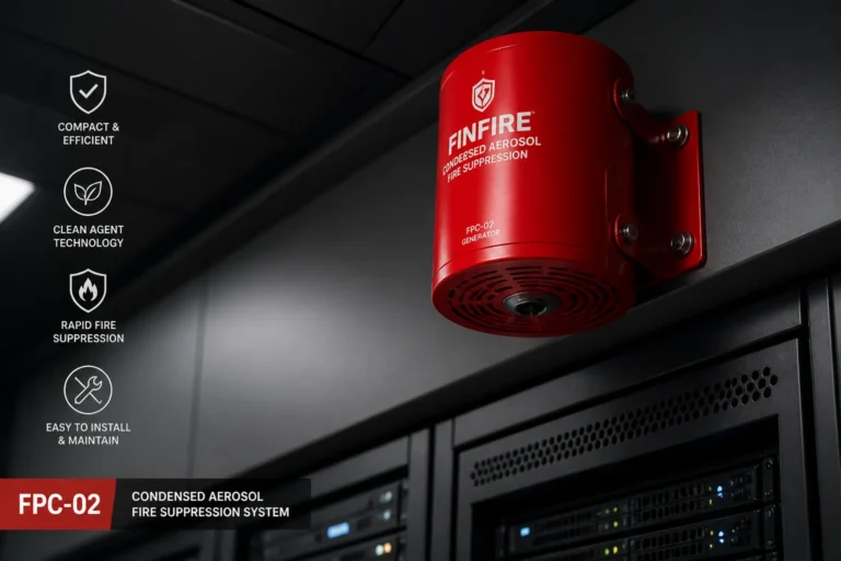 compact red condensed aerosol fire generator highlighted above organized technical equipment in a clean industrial room