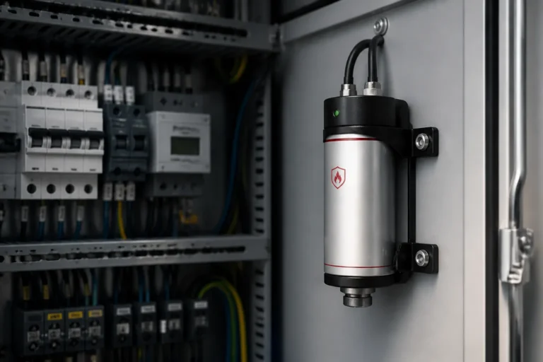 compact aerosol fire suppression unit installed inside an industrial electrical cabinet