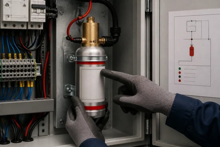 technician’s gloved hands examining a compact aerosol fire suppression generator inside an open electrical cabinet