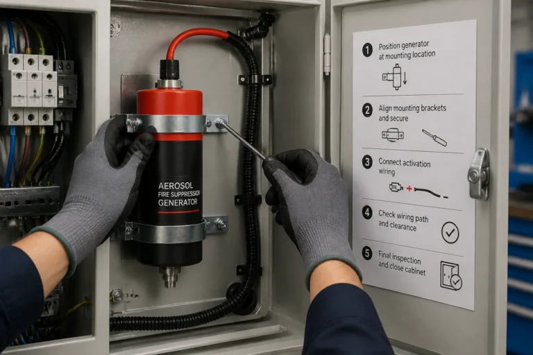 technician aligning a compact aerosol fire suppression generator inside an open electrical cabinet with a printed checklist