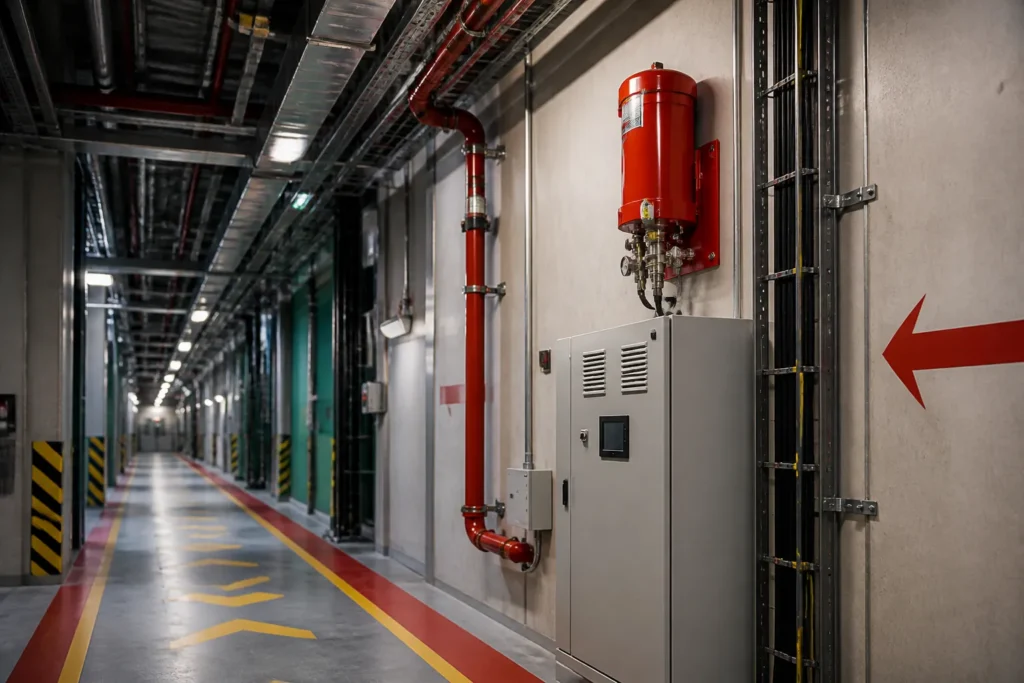 compact red condensed aerosol fire generator above control cabinets used as a visual waypoint in an industrial corridor