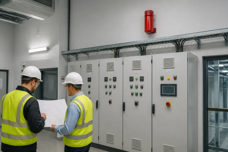 compact red condensed aerosol fire generator above control cabinets while two engineers review schematics in a technical room