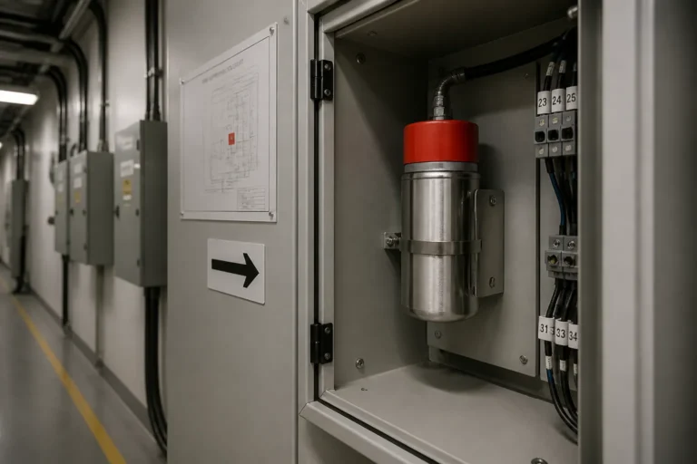 compact aerosol fire suppression generator in an electrical cabinet with nearby labels and a small directional arrow on the