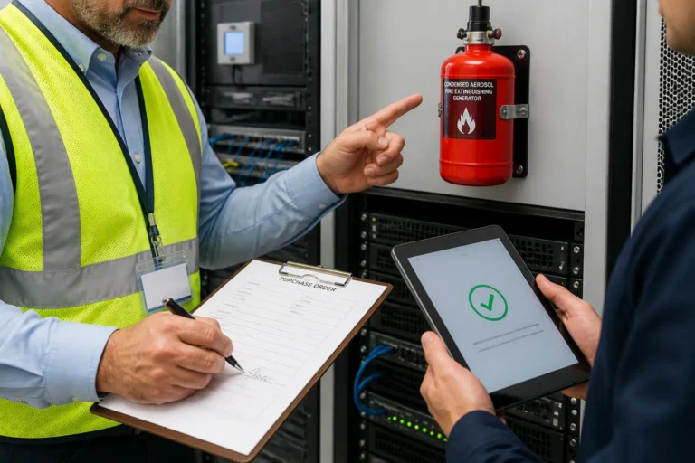 safety manager signing purchase documents while pointing at a compact red condensed aerosol fire generator above technical