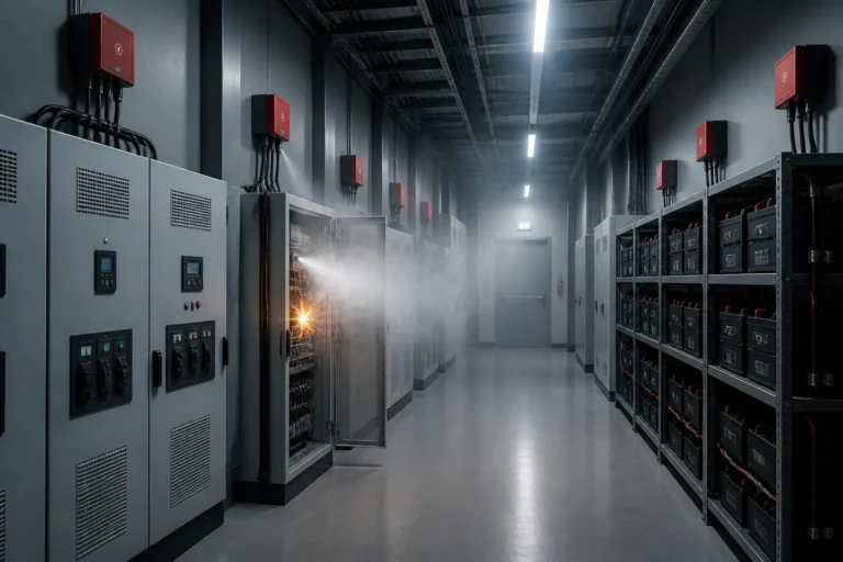 technical room with electrical cabinets and battery racks protected by compact red aerosol fire generators