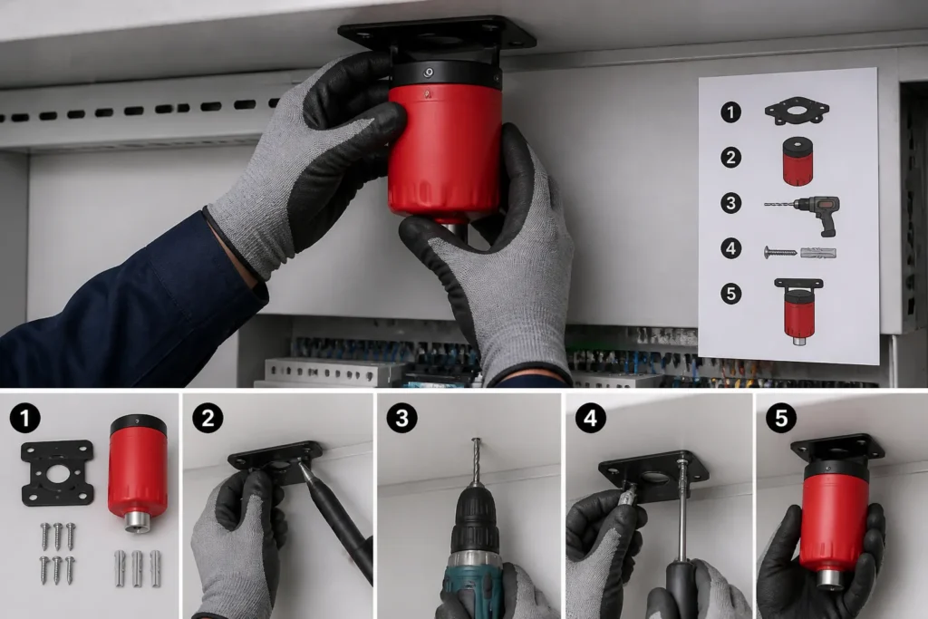 technician mounting a compact red condensed aerosol fire generator above control equipment with tools laid out
