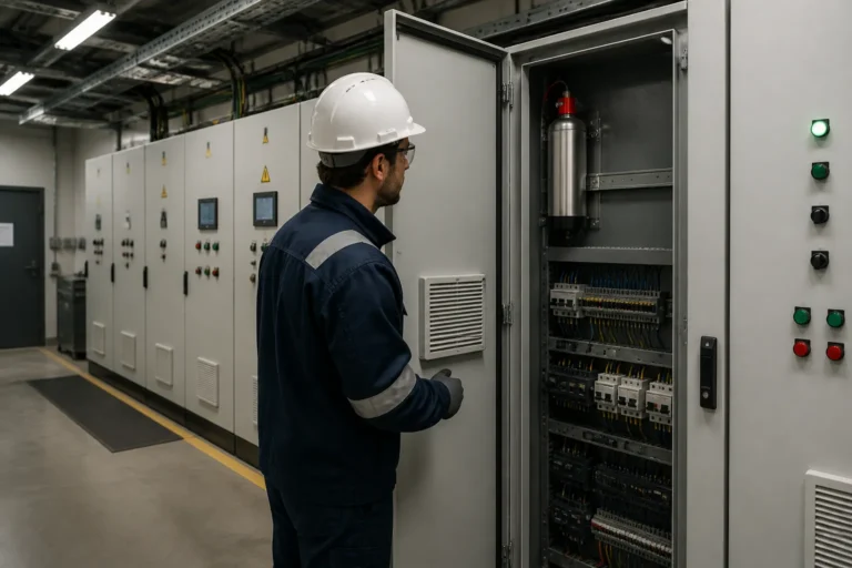 technician inspecting an open electrical cabinet with a compact aerosol fire suppression generator mounted inside