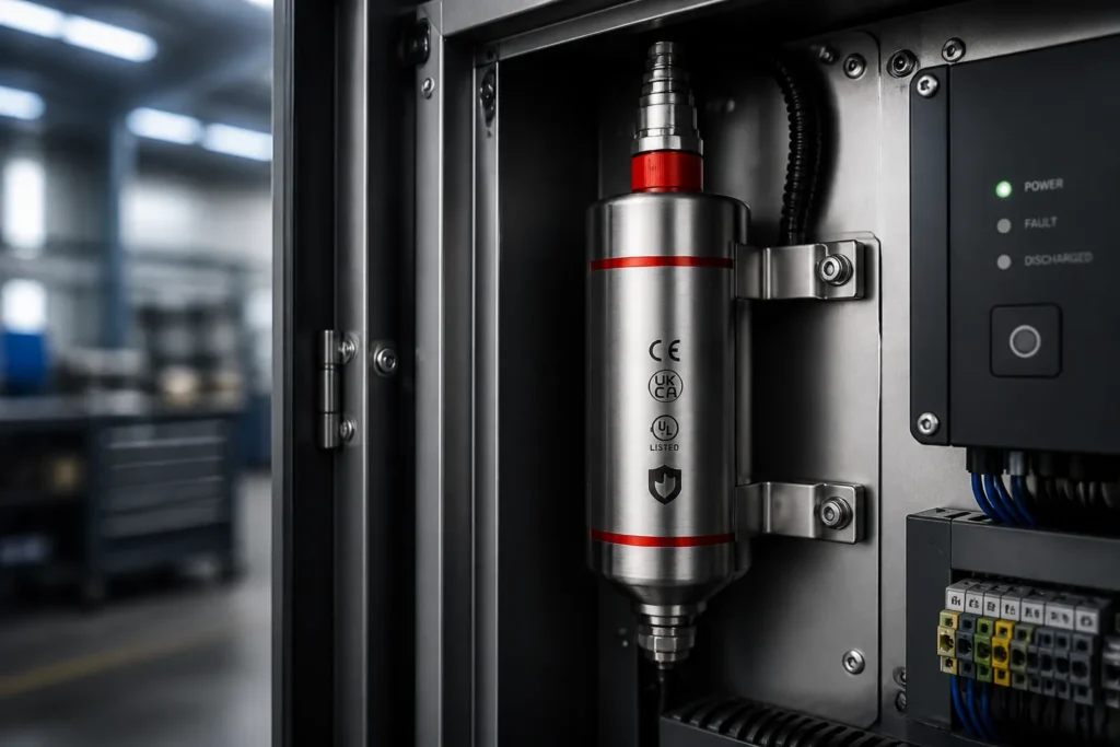 compact condensed aerosol fire suppression module mounted in an open industrial cabinet with clean wiring