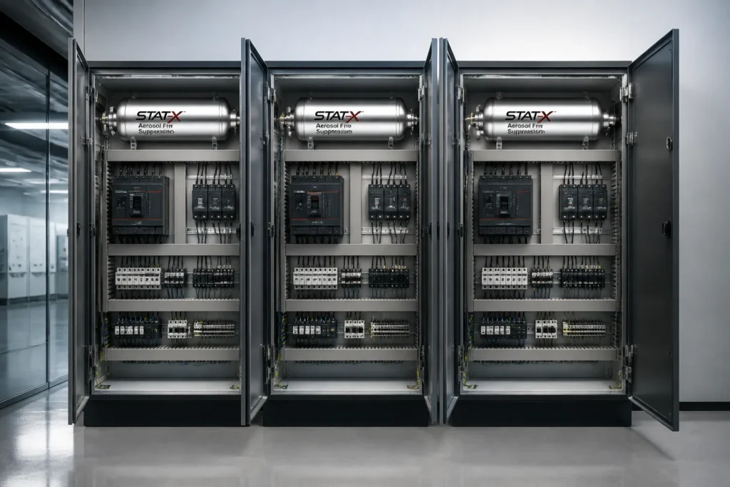 open industrial electrical cabinets in a modern facility showing compact aerosol fire suppression units mounted above