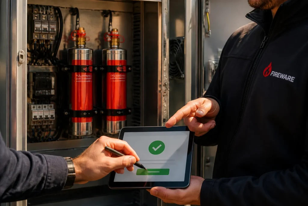 technician and customer confirming an order on a tablet in front of an open electrical cabinet with compact aerosol fire