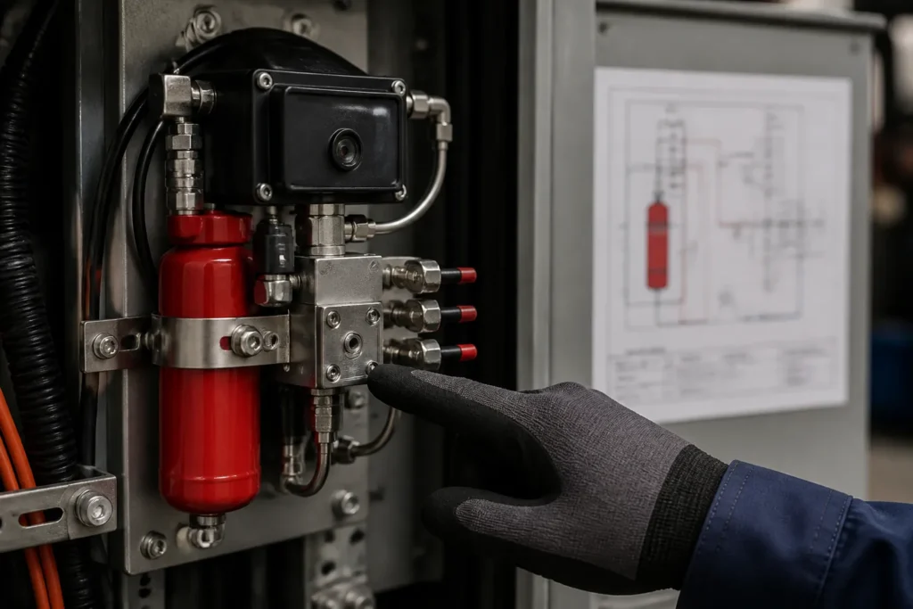 technician examining a compact condensed aerosol fire suppression module inside industrial equipment