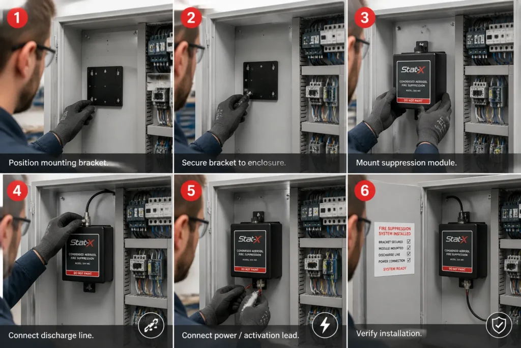 technician mounting a compact condensed aerosol fire suppression module inside an open control cabinet with tools arranged