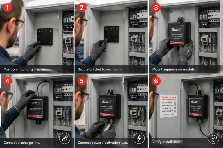 technician mounting a compact condensed aerosol fire suppression module inside an open control cabinet with tools arranged