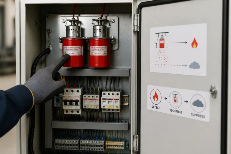 technician pointing at compact aerosol fire suppression units inside an open industrial electrical cabinet with visible
