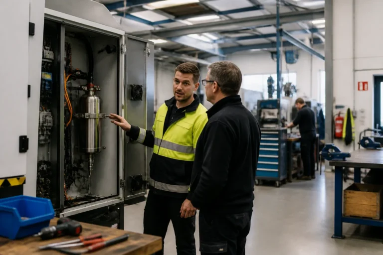 technicians in a workshop inspecting machinery with a compact condensed aerosol fire suppression module mounted inside an