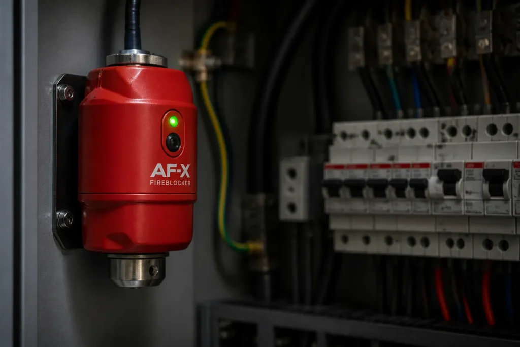 compact red condensed aerosol fire suppression unit inside an electrical cabinet
