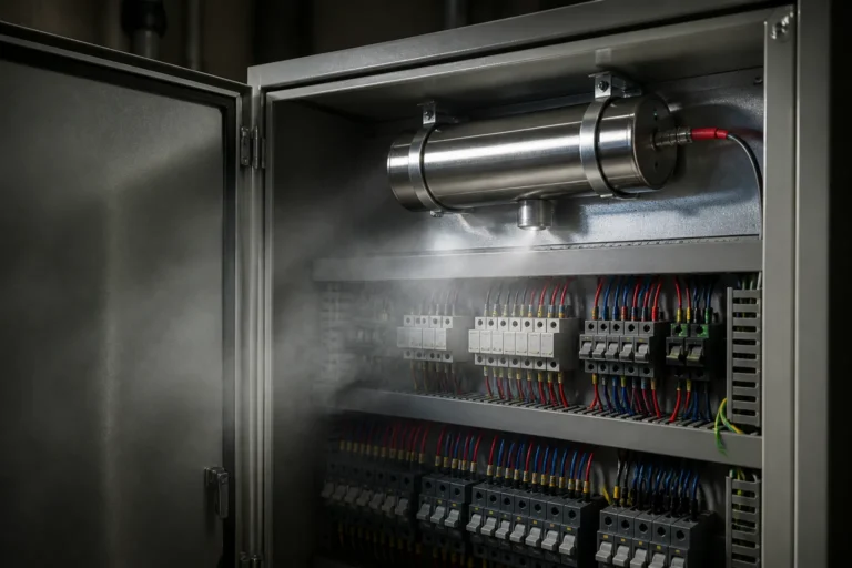 open industrial electrical cabinet with compact aerosol fire protection unit mounted above wiring