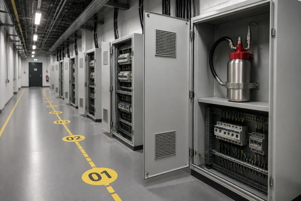 row of open electrical cabinets with a compact condensed aerosol unit acting as a waypoint in an industrial corridor
