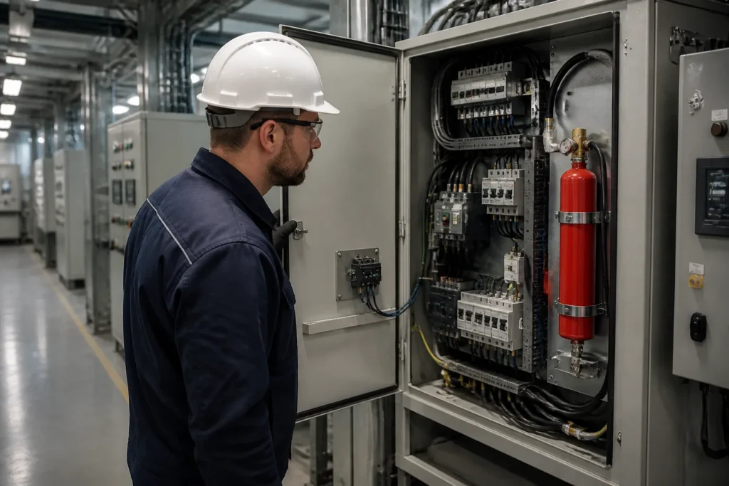 technician checking an open electrical cabinet with a compact condensed aerosol fire suppression unit installed inside in an