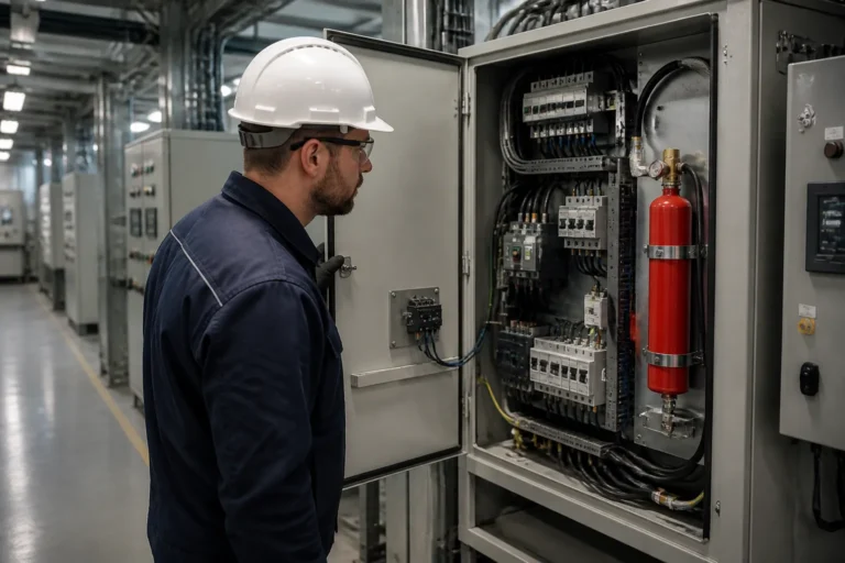 technician checking an open electrical cabinet with a compact condensed aerosol fire suppression unit installed inside in an