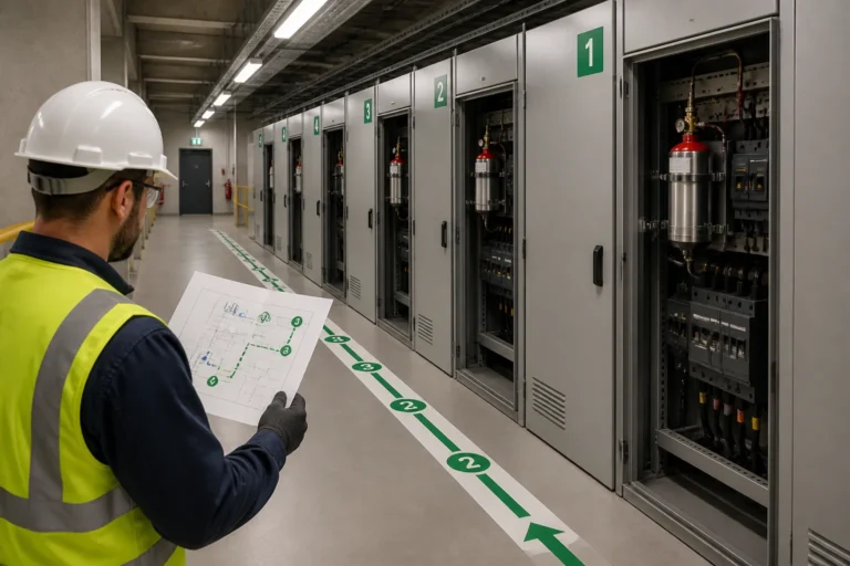 technician following a marked inspection route past electrical cabinets with compact aerosol fire suppression units
