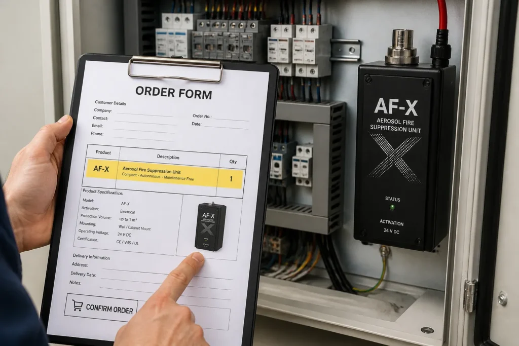 technician reviewing order form in front of open electrical cabinet with compact aerosol fire suppression unit installed