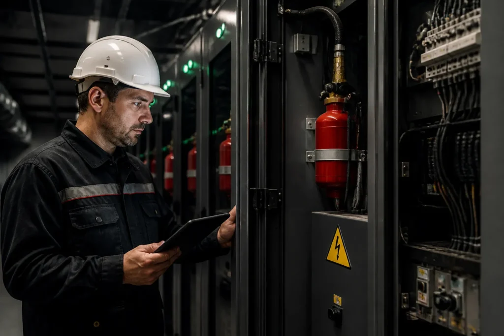 technician with tablet inspecting electrical cabinets equipped with compact fire suppression units in an industrial control