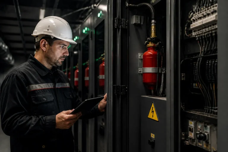 technician with tablet inspecting electrical cabinets equipped with compact fire suppression units in an industrial control