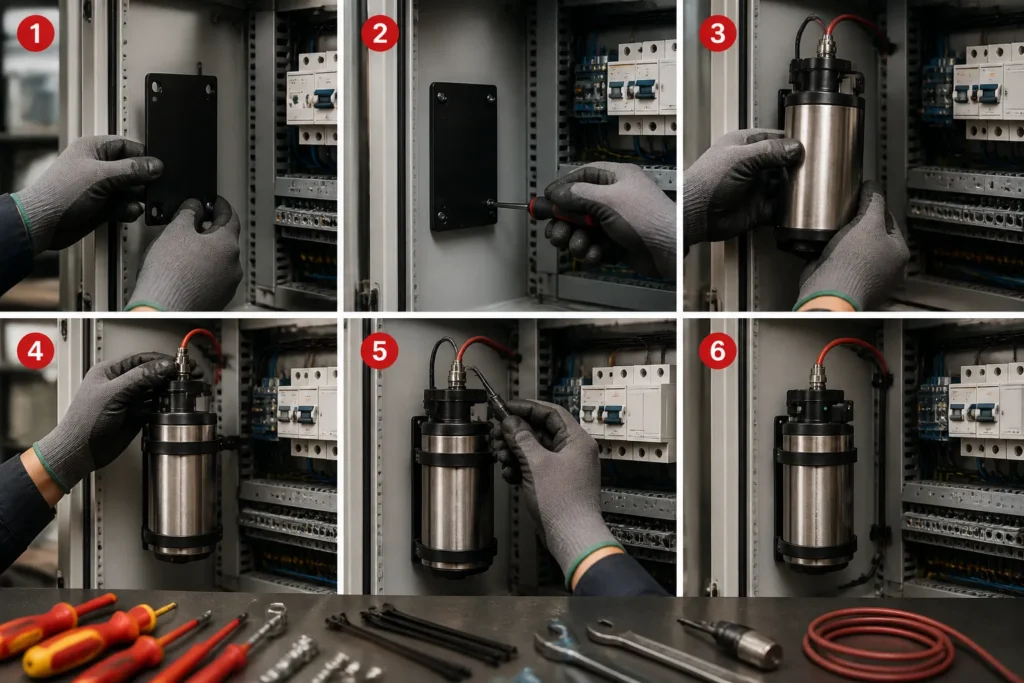 technician installing a compact aerosol fire unit step-by-step in an open electrical cabinet