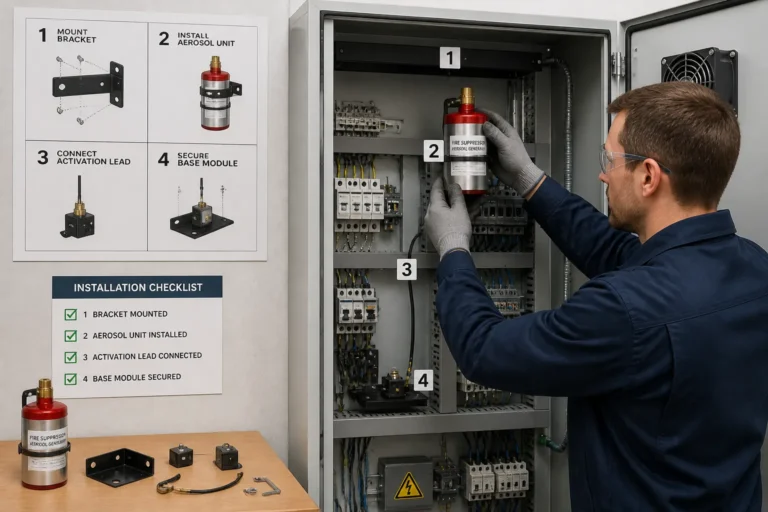 technician installing compact aerosol fire suppression units step by step in an open industrial electrical cabinet
