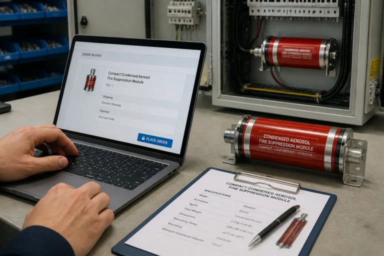 technician confirming an order on a tablet with a compact condensed aerosol fire suppression module mounted inside open