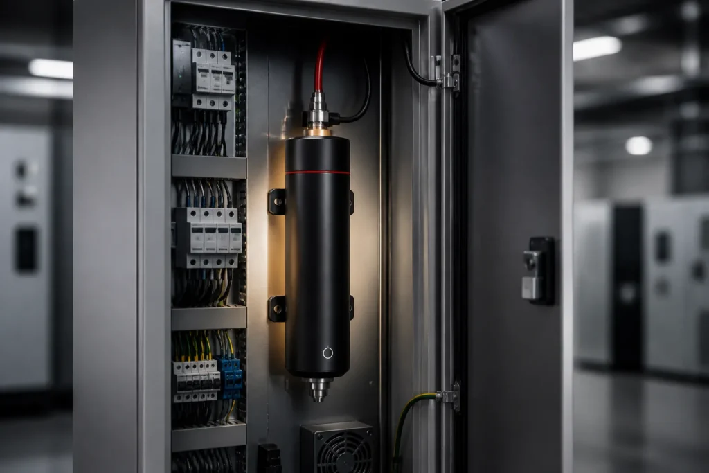open electrical cabinet in a clean industrial room with a compact condensed aerosol fire suppression unit mounted inside