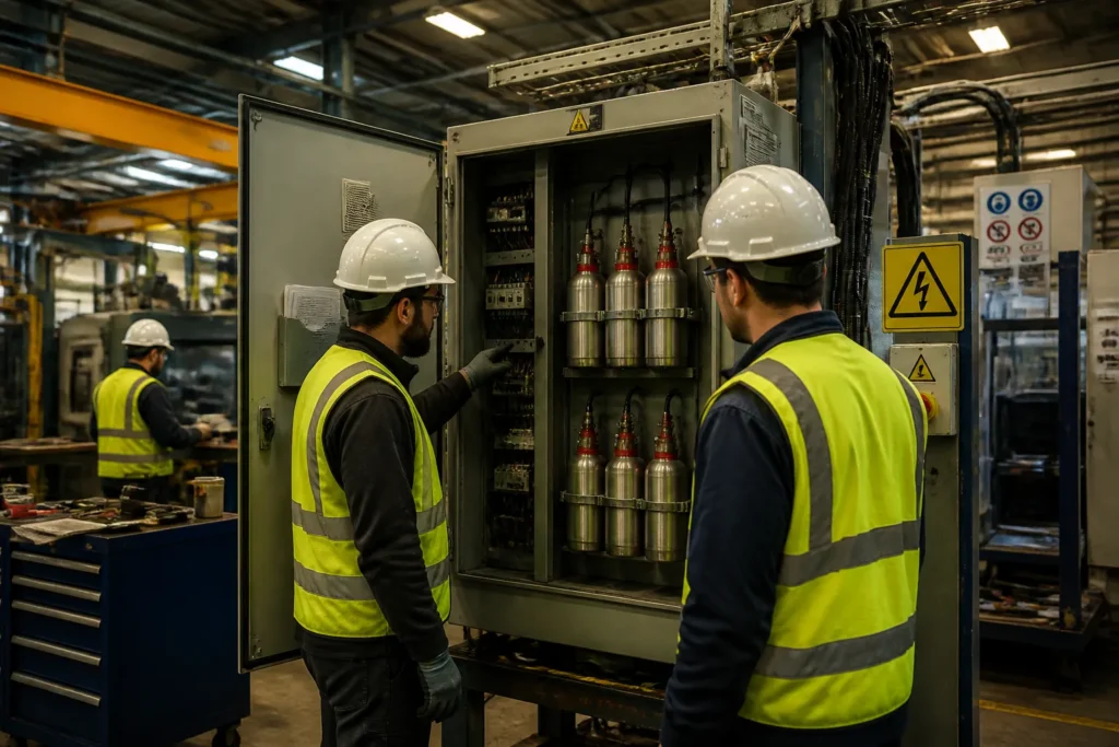 technician in safety vest checking an open industrial electrical cabinet with compact aerosol fire suppression units inside