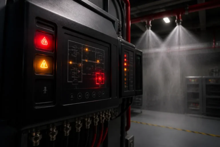modern fire suppression control panel lit up as ceiling nozzles release fine mist in industrial room