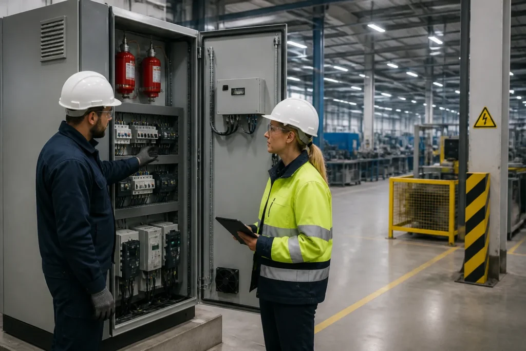 technicians in an industrial plant inspecting an open electrical cabinet with compact aerosol fire suppression units inside